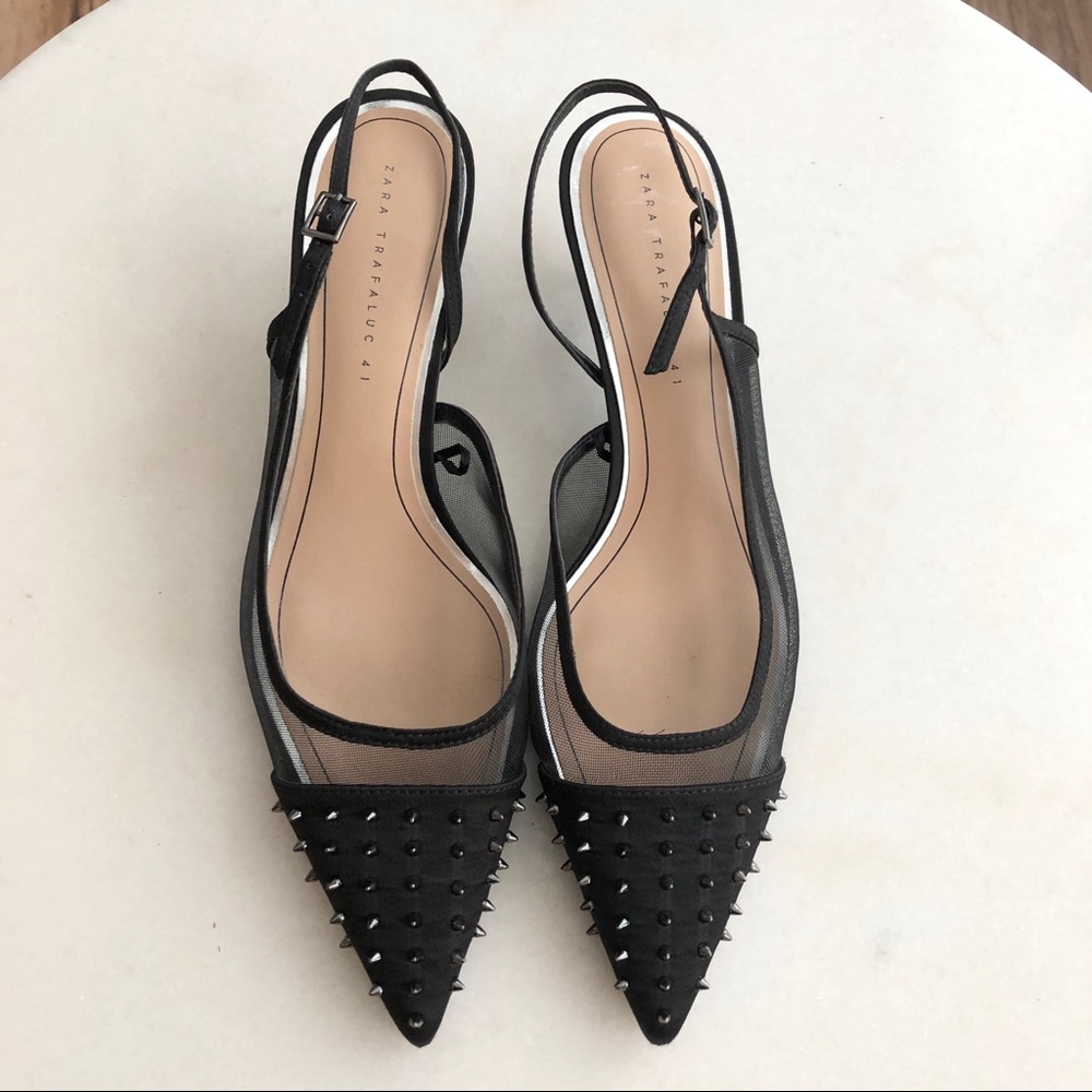 Zara Mesh Studded Slingback Kitten Heels
